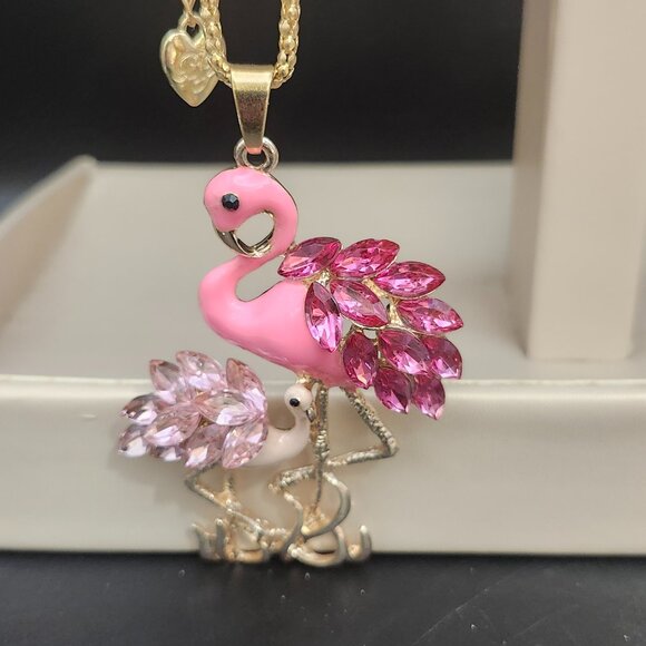 Betsey Johnson Jewelry Pink Flamingo Mother Child Pendant Crystals Enamel Gold - Picture 2 of 6